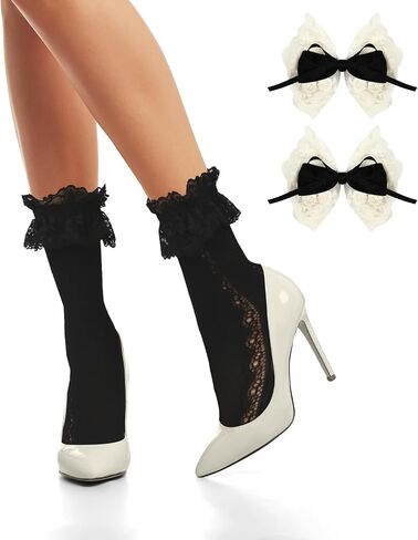 Violet Mist Lace Ruffle Crew Socks for Women Frilly Cotton Dress Socks with Stain Bow Princess Socks Lace Lettuce Trim Socks in Saudi Arabia