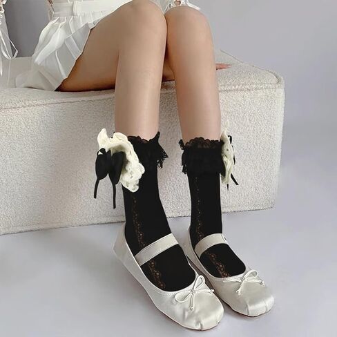 Violet Mist Lace Ruffle Crew Socks for Women Frilly Cotton Dress Socks with Stain Bow Princess Socks Lace Lettuce Trim Socks in Saudi Arabia