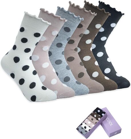 Ruffle Socks for Women Ankle Cute Cotton Polka Dot Novelty Sock 6 Pairs with Gift Box in Kuwait