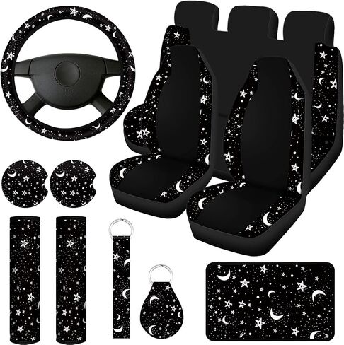 Yexiya 15 Pcs Moon and Star Car Seat Covers Print Car Accessories Full Set for Women Men Set Steering Wheel Cover Armrest Pad Seat Belt Pads Wrist Keychain Auto Interior Decor(Moon, Star) in Saudi Arabia