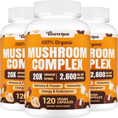 Mushroom Supplement, Brain Supplements for Memory and Focus, 20 in 1 Mushroom Complex with Lion's Mane, Reishi, Turkey Tail, Cordyceps, Shiitake, for Focus, Brian, Memory Supplement, 120 Capsules in Kuwait