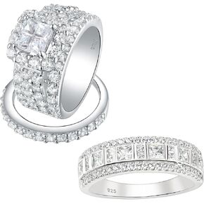Wuziwen 4Ct Princess Engagement Ring Wedding Rings Set for Women 5A CZ 925 Sterling Silver Anniversary Half Eternity Band