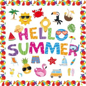 109Pcs Summer Cutouts Summer Bulletin Board Decorations Set Pool Beach Hawaiian Theme Cut Outs Ball Bulletin Board Border Summer Decorations for Office School Classroom Teacher Supplies