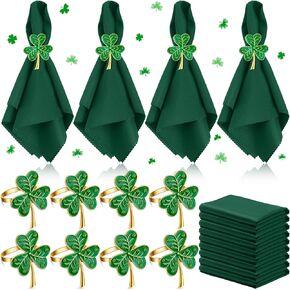 Gerrii 16 Pcs St. Patrick's Day Napkin Rings Set 8 Pcs Green Metal Napkin Rings Holder and 8 Pcs Green Washable Napkins Cloth for St. Patrick's Day Dinner Party Table Decoration (Hats, Boots)