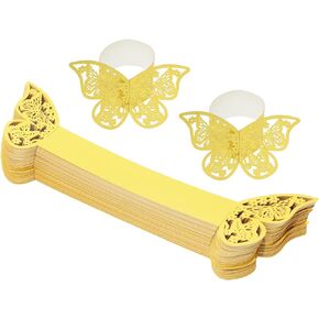 80pcs Gold Paper Napkin Rings Laser 3D Butterfly Shape Bands Disposable Holder for Place Settings Weddings Party Serviette Table Decoration Restaurant Buckle, 22x5.8cm/8.66x2.28inch