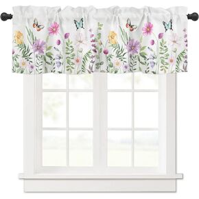 Flower Kitchen Curtains Tiers and Valances Set of 3, Butterfly Wildflowers Spring Watercolor Floral Print Plants Short Rod Pocket Window Curtain Set for Bedroom, Bathroom, 24 Inch Long