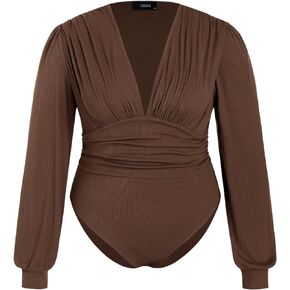 Bodysuit For Women Long Sleeve Bodysuit For Women Plus Size Bodysuit Jersey V-Neck Solid Ruched Bodysuit Curve & Plus