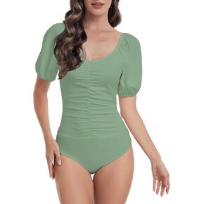 Sexy V Neck Puff Short Sleeve Bodysuit for Women Off Shoulder T-Shirt Backless Tops