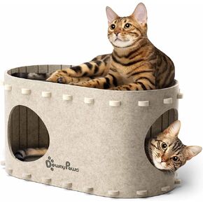 DownyPaws Cat House for Indoor Cats, Cat Bed Cave for Multiple & Large Cats Up to 22 Lbs, Scratch Resistant Peekaboo Cat Caves, Foldable Cat Tunnel Enclosed Bed, PeekaPurr, Cream