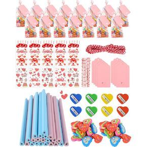 Class Valentines Day Gifts for Kids - 28 Pack Valentines Stationery Sets with Pencil Erasers Sharpener Tattoo Sticker - School Valentines Classroom Exchange Party Favors