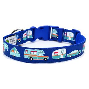 RV Camping Dog Collar - Blue Camper Collar - Vintage Car & Trailer - Van - Fifth Wheel - Truck Camper - A-Frame - 4 Sizes - Adjusts 9 Inches to 27 Inches - 1 Inch Wide (Large 14-21")