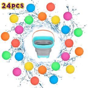 24 Pcs Mini Reusable Water Balloons With Foldable Bucket, Silicone Reusable Water Balloons,Small Size Water Balloons for Kids, Pool Party Water Fight Games Summer Fun Toys for Kids Age 3+
