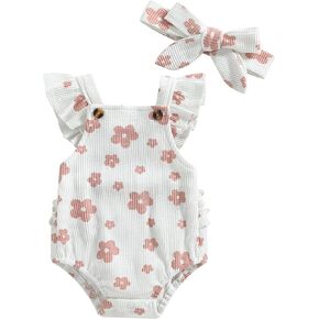 ZAXARRA Little Baby Girls 2Pcs Summer Outfits Fly Sleeve Flower Print Bodysuit with Headband Newborn Clothes