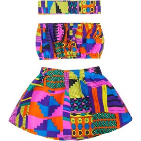 African Print Baby Girl Skirt & Matching Headwrap 3 Pcs Kente Kid Outfit Set