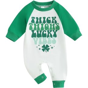 Omkzanbi St Patricks Day Baby Girl Boy Outfit Thick Thighs Lucky Vibes Jumpsuit Romper Long Sleeve Onesie Shamrock Playsuit