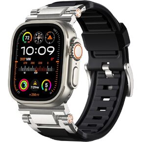 أربطة R-Steel FKM متينة متوافقة مع Apple Watch Ultra 2/Ultra Band 49 مم/45 مم/44 مم/42 مم للرجال، حزام بديل رياضي عسكري لساعة Apple Watch SE2/SE/9/8/7/6/5/4/3/2 /1