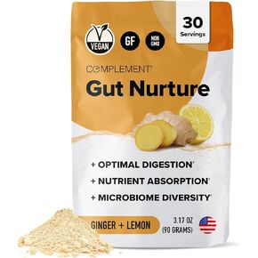 Complement Gut Nurture Prebiotic + Postbiotic Superfood Powder for Leaky Gut Repair, Probiotics for Digestive Health - Ginger Root - 30 Servings