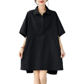 ellazhu Women's Half Sleeve Polo Collar Solid Color Button Down High Low Tunic Dress Shirts GA2689
