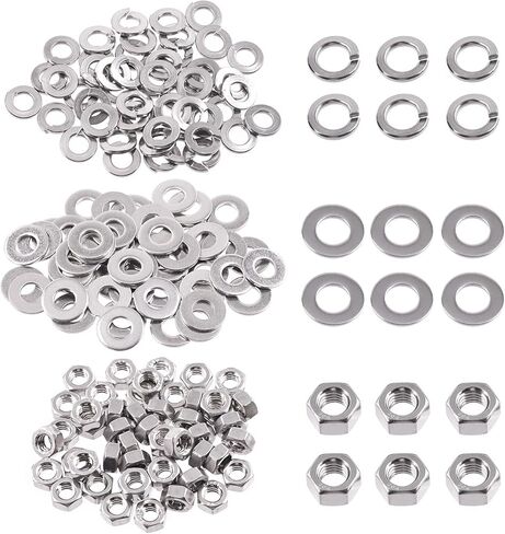 Swpeet 45Pcs SAE 304 Stainless Steel 3/8-16" Hex Nuts and #3/8 Flat Washers with #3/8 Split Lock Washers Assortment Kit, Coarse Thread Hexagon Nut for Home Automotive Shop Use in Kuwait