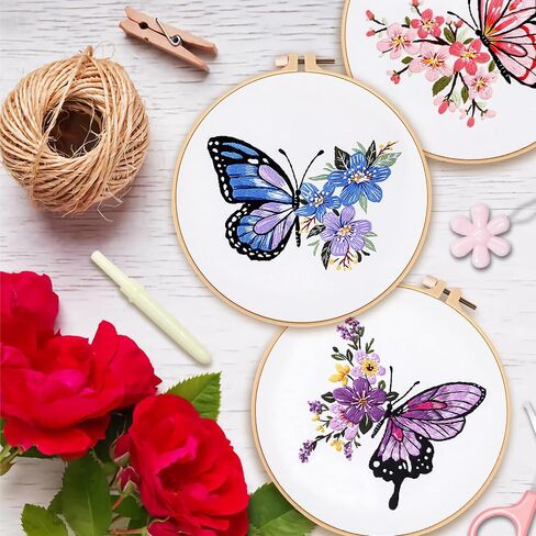 3 Sets Embroidery Stitch Practice kit,Flower Embroidery Kit for Beginners with Butterfly Pattern and Instructions,Needlepoint Kit for Craft Lover Hand Stitch with Embroidery Skill Tech in Kuwait
