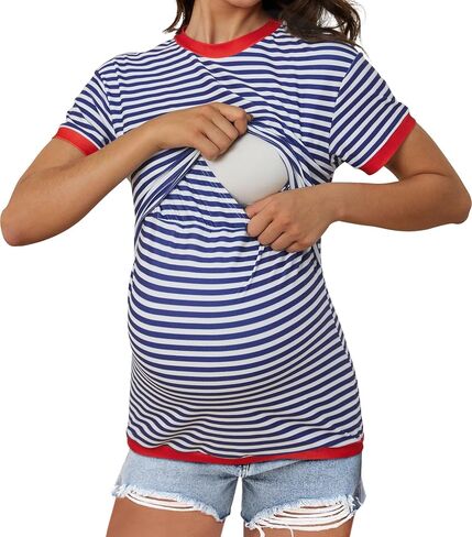 Nursing Top for Women - Short Sleeve Contrast Striped Drop Shoulder T-Shirt - Easy Breastfeeding Access in Saudi Arabia