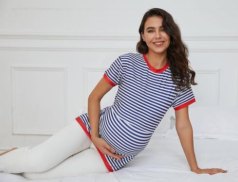 Nursing Top for Women - Short Sleeve Contrast Striped Drop Shoulder T-Shirt - Easy Breastfeeding Access in Saudi Arabia