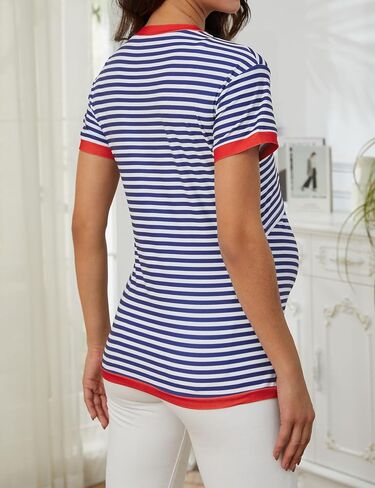Nursing Top for Women - Short Sleeve Contrast Striped Drop Shoulder T-Shirt - Easy Breastfeeding Access in Saudi Arabia