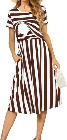 فستان رضاعة نسائي مخطط بطول الركبة، ملابس حمل لاستحمام الطفل مع جيوب in Kuwait