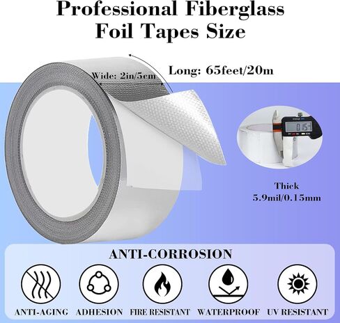 Fiberglass Aluminum Foil Tape | 2 in x 65 FT, 5.9 mil Fiberglass HVAC Silver Duct Tape | High Temperature Insulation Tape for Sealing Dryer Vent, Ductwork | Heat Resistant Tape (1) in Saudi Arabia
