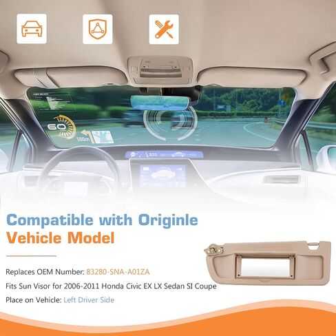 Gray Left Driver & Right Passenger Side Sun Visor Without Light for 2006 2007 2008 2009 2010 2011 Honda Civic EX LX Sedan SI Coupe,Replacement 83280-SNA-A01ZC, 83230-SNA-A01ZC, 1 Pair in Saudi Arabia