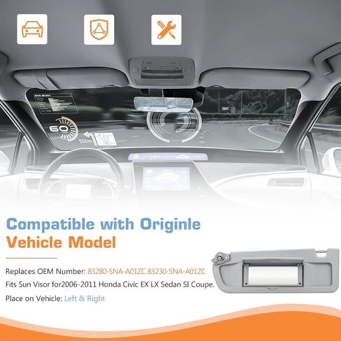 Gray Left Driver & Right Passenger Side Sun Visor Without Light for 2006 2007 2008 2009 2010 2011 Honda Civic EX LX Sedan SI Coupe,Replacement 83280-SNA-A01ZC, 83230-SNA-A01ZC, 1 Pair in Saudi Arabia