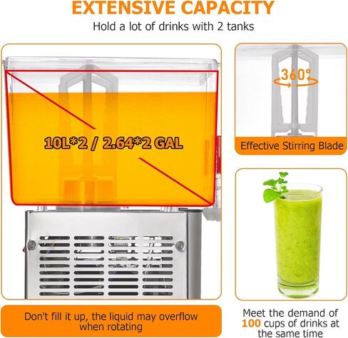Commercial Beverage Dispenser, Towallmark 2 Tanks 5.28 Gallon 20L Commercial Juice Dispenser, 10 Liter Per Tank, 280W Stainless Steel Food Grade Ice Tea Drink Dispenser with Thermostat Controller in Saudi Arabia