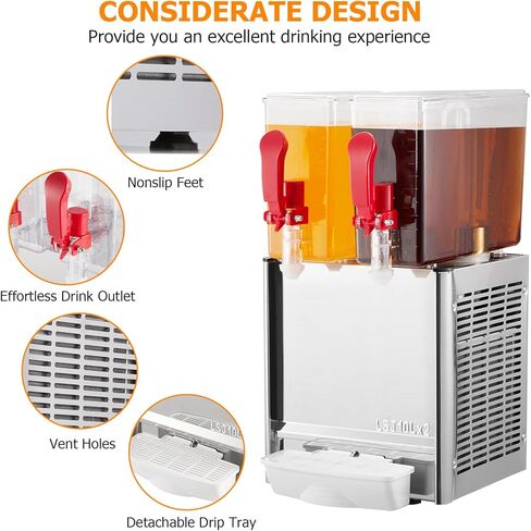Commercial Beverage Dispenser, Towallmark 2 Tanks 5.28 Gallon 20L Commercial Juice Dispenser, 10 Liter Per Tank, 280W Stainless Steel Food Grade Ice Tea Drink Dispenser with Thermostat Controller in Saudi Arabia