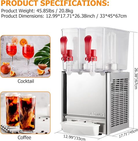 Commercial Beverage Dispenser, Towallmark 2 Tanks 5.28 Gallon 20L Commercial Juice Dispenser, 10 Liter Per Tank, 280W Stainless Steel Food Grade Ice Tea Drink Dispenser with Thermostat Controller in Saudi Arabia
