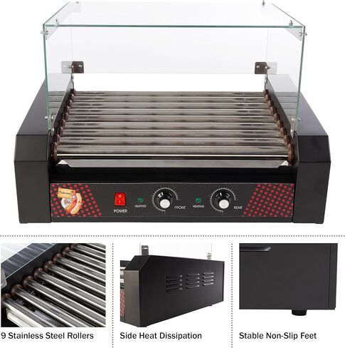 أسطوانة هوت دوج - ماكينة هوت دوج من الفولاذ المقاوم للصدأ ذات 9 أسطوانات مع جهاز تسخين الكعك وغطاء - شواية هوت دوج لـ 24 هوت دوج من جريت نورثرن بوبكورن in Kuwait