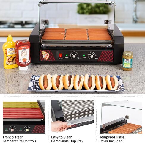 أسطوانة هوت دوج - ماكينة هوت دوج من الفولاذ المقاوم للصدأ ذات 9 أسطوانات مع جهاز تسخين الكعك وغطاء - شواية هوت دوج لـ 24 هوت دوج من جريت نورثرن بوبكورن in Kuwait