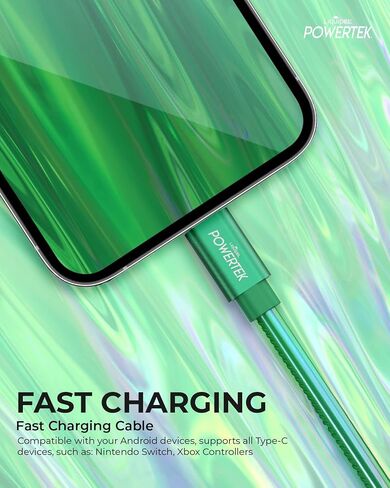 LIQUIPEL Powertek Metallic Shine USB Type C Charger Cable, 6ft Fast Charging USB C Cord, Adapter for Car, Galaxy, Android, Note, MacBook, Nintendo, PlayStation, Chromebook, Pixel (Green) in Kuwait