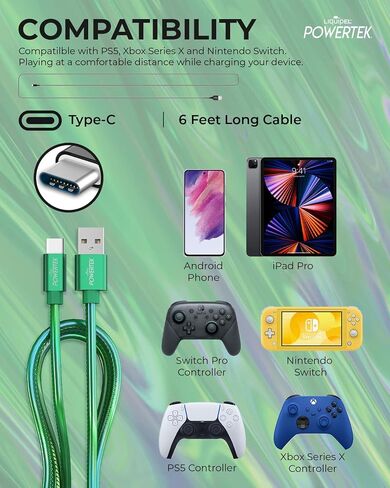 LIQUIPEL Powertek Metallic Shine USB Type C Charger Cable, 6ft Fast Charging USB C Cord, Adapter for Car, Galaxy, Android, Note, MacBook, Nintendo, PlayStation, Chromebook, Pixel (Green) in Kuwait