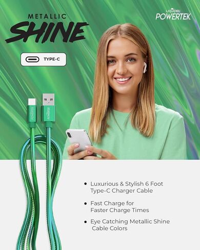 LIQUIPEL Powertek Metallic Shine USB Type C Charger Cable, 6ft Fast Charging USB C Cord, Adapter for Car, Galaxy, Android, Note, MacBook, Nintendo, PlayStation, Chromebook, Pixel (Green) in Kuwait