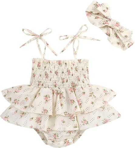 KMBANGI Newborn Baby Girl Summer Romper Dress Sleeveless Floral Elasticated Bust Ruffle Jumpsuit with Bow Headband in Saudi Arabia