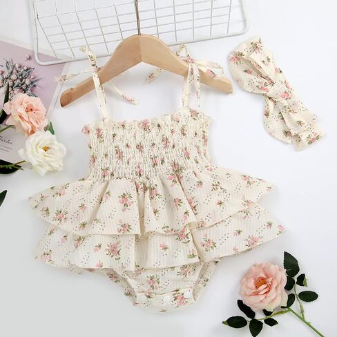 KMBANGI Newborn Baby Girl Summer Romper Dress Sleeveless Floral Elasticated Bust Ruffle Jumpsuit with Bow Headband in Saudi Arabia