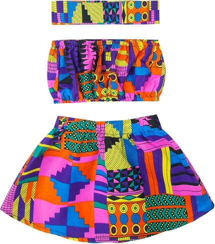 African Print Baby Girl Skirt & Matching Headwrap 3 Pcs Kente Kid Outfit Set in Kuwait