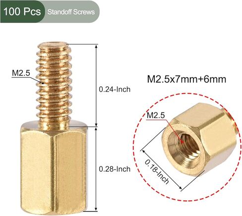 100 قطعة من براغي YOKIVE M2.5، مواضع نحاسية سداسية PCB، تحافظ على ثبات الارتفاع، رائعة للوحة الأم (لون ذهبي، 7 مم + 6 مم) in Kuwait