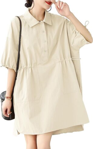 ellazhu Women's Half Sleeve Polo Collar Solid Color Button Down High Low Tunic Dress Shirts GA2689 in Saudi Arabia