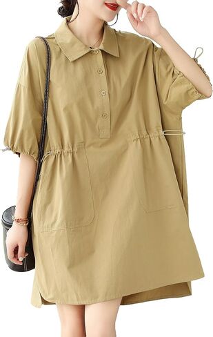 ellazhu Women's Half Sleeve Polo Collar Solid Color Button Down High Low Tunic Dress Shirts GA2689 in Saudi Arabia