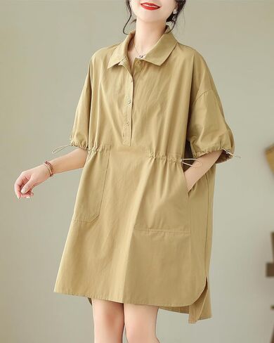 ellazhu Women's Half Sleeve Polo Collar Solid Color Button Down High Low Tunic Dress Shirts GA2689 in Saudi Arabia