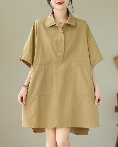 ellazhu Women's Half Sleeve Polo Collar Solid Color Button Down High Low Tunic Dress Shirts GA2689 in Saudi Arabia