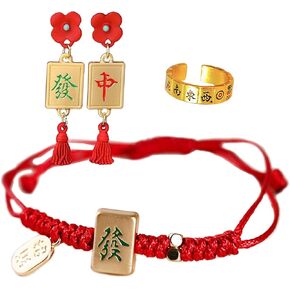 Mahjong Gifts Accessories A Set Of LUCKY Woven Gambling Cotton Chinese Bracelet Mah jongg Drop Earrings Ring Adjustable Unisex For Women Men in Kuwait