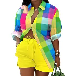 Women Summer 2 Piece Outfits Loose Fit Long Sleeve Button Shirt and Sexy Shorts Vacation Cute Sets in Saudi Arabia
