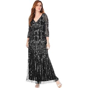 Roaman's Women's Plus Size Beaded V-Neck 3/4 Sleeve Sleeve Maxi Gown in Kuwait